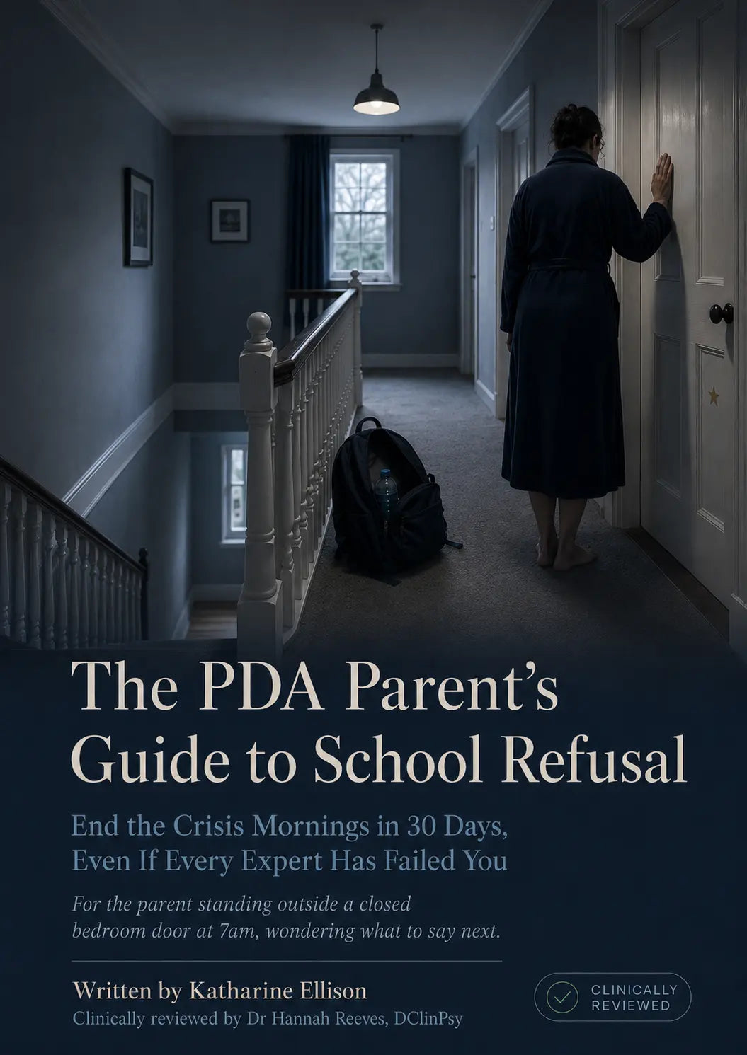 Person walking down a hallway with a backpack, book titled 'The PDA Parent's Guide to School Refusal' at the bottom.